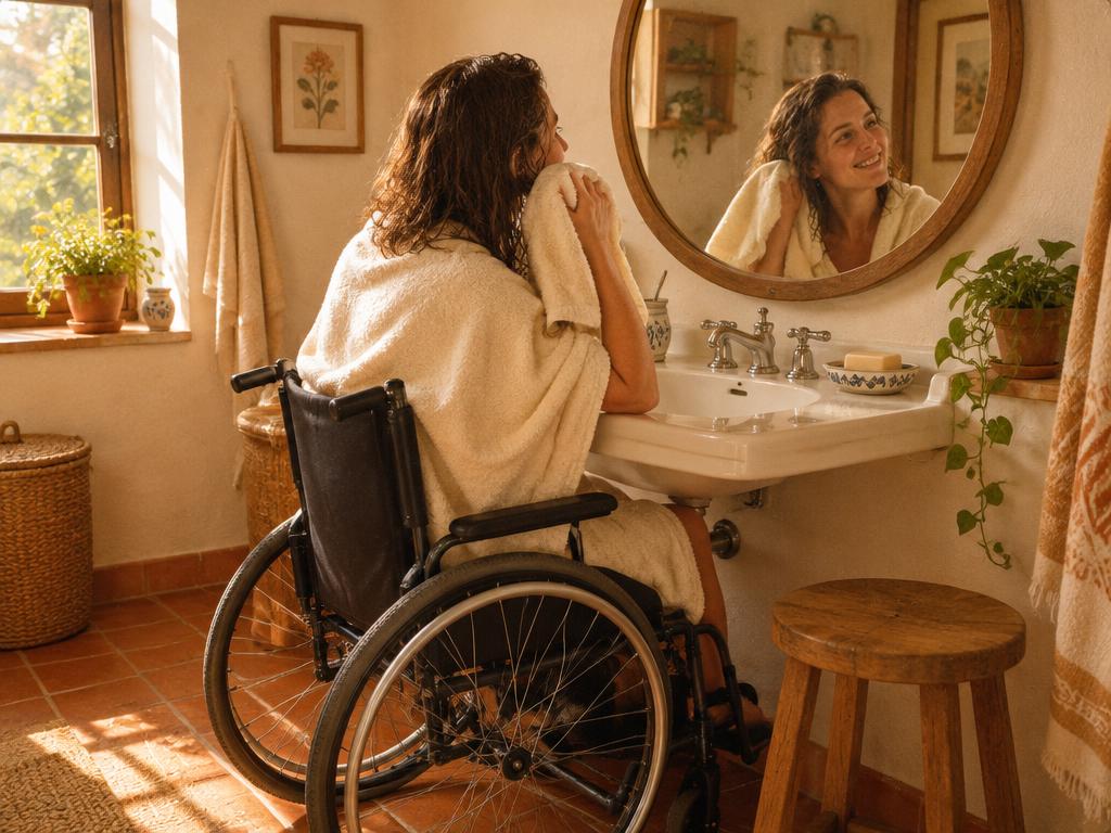 A woman in a wheelchair drying her hair with a towel at the sink in her own sunlit home bathroom
