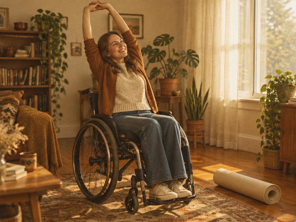 A woman in a wheelchair stretching her arms upward in her own sunlit living room with a rolled exercise mat nearby