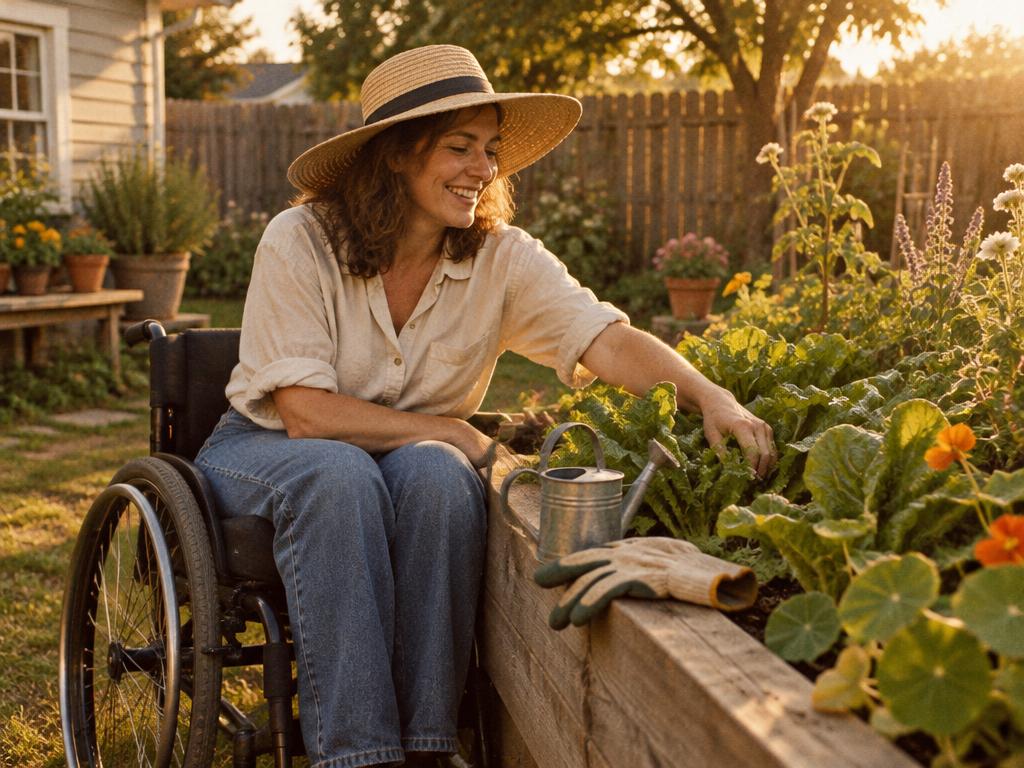 A woman in a wheelchair tending a raised garden bed of leafy greens and flowers in her own backyard at golden hour