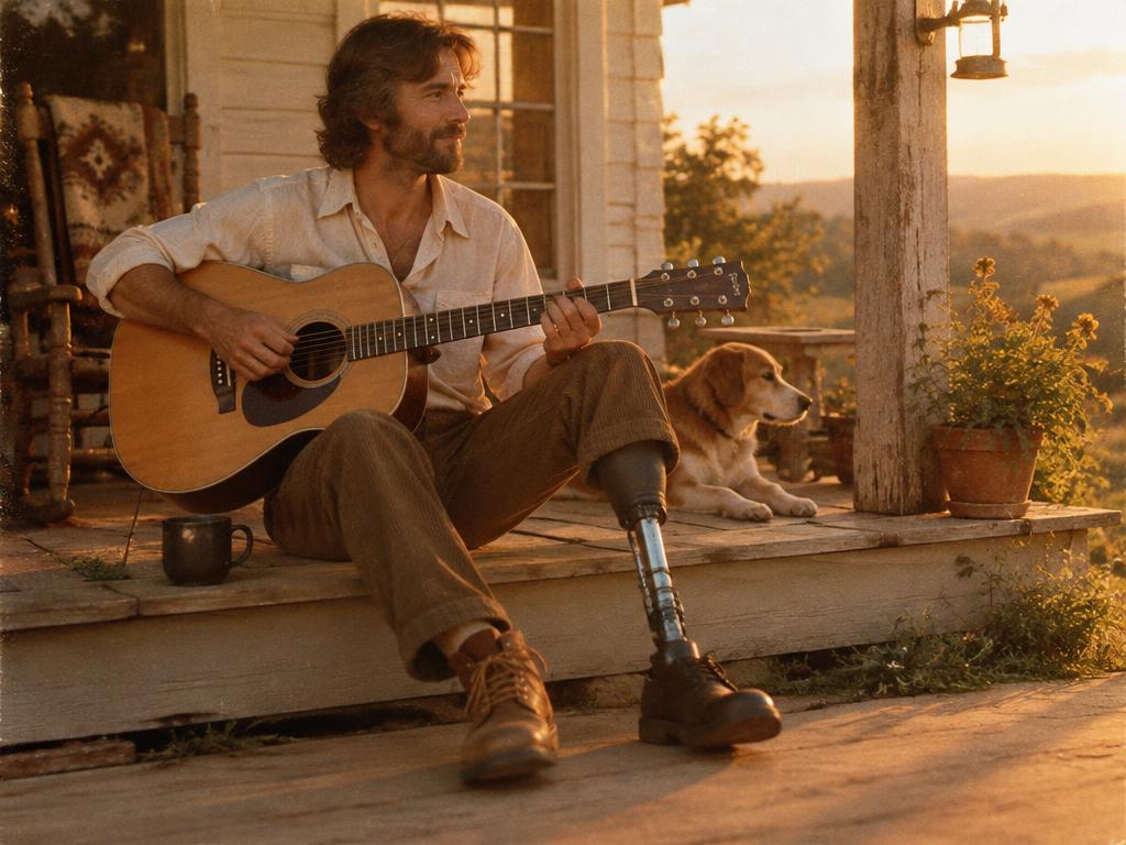 A man with a prosthetic leg playing guitar on the porch of his home at sunset