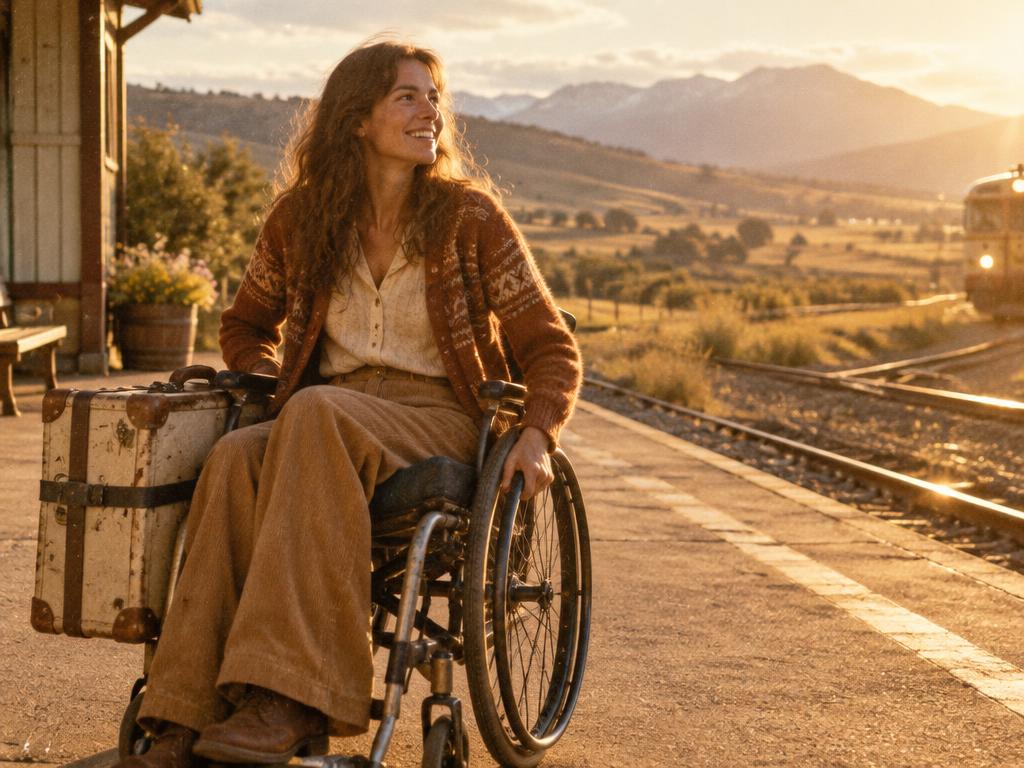 A woman in a wheelchair with a travel trunk on a sunlit country train platform at golden hour